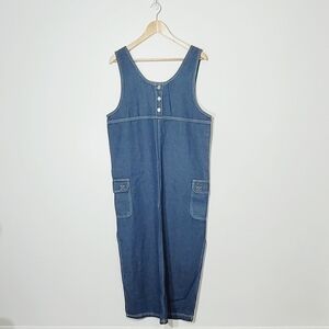 Vintage Blue Jean Denim 100% Cotton Dress Cargo Pockets Slits Retro Sleeveless L